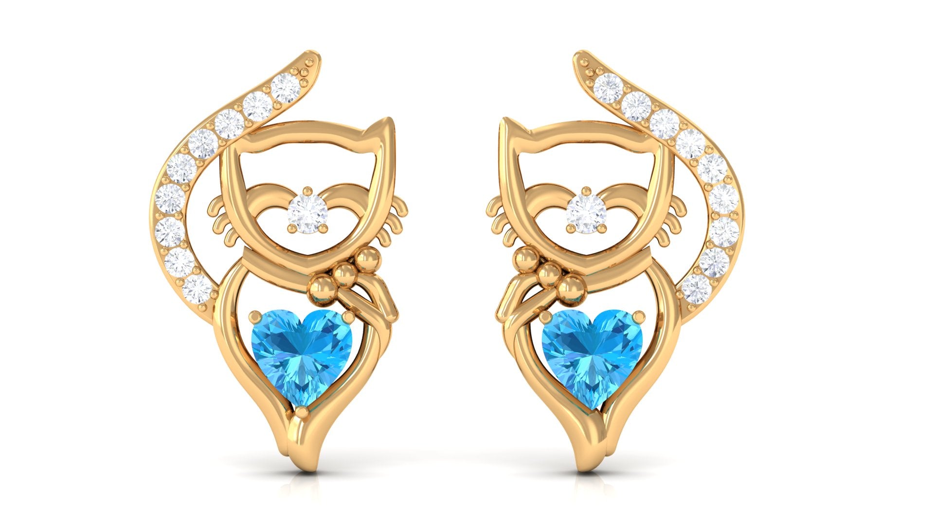 Real Swiss Blue Topaz Cat Earrings with Diamond Swiss Blue Topaz - ( AAA ) - Quality - Rosec Jewels