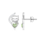 Cute Cat Stud Heart Shape Green Sapphire Earrings with Diamond Green Sapphire - ( AAA ) - Quality - Rosec Jewels