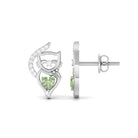 Cute Cat Stud Heart Shape Green Sapphire Earrings with Diamond Green Sapphire - ( AAA ) - Quality - Rosec Jewels