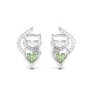 Cute Cat Stud Heart Shape Green Sapphire Earrings with Diamond Green Sapphire - ( AAA ) - Quality - Rosec Jewels