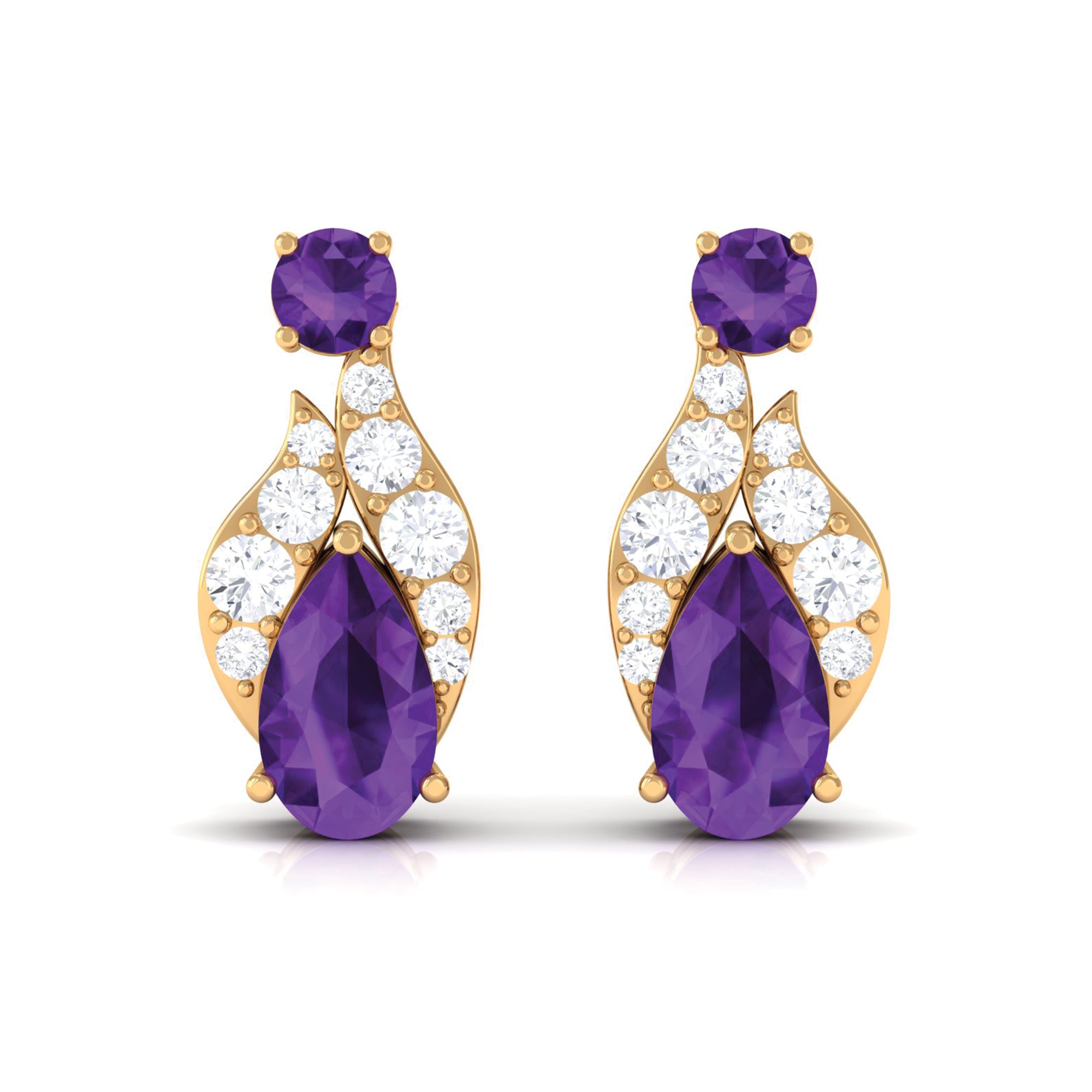 Nature Inspired Amethyst and Diamond Leaf Stud Earrings Amethyst - ( AAA ) - Quality - Rosec Jewels