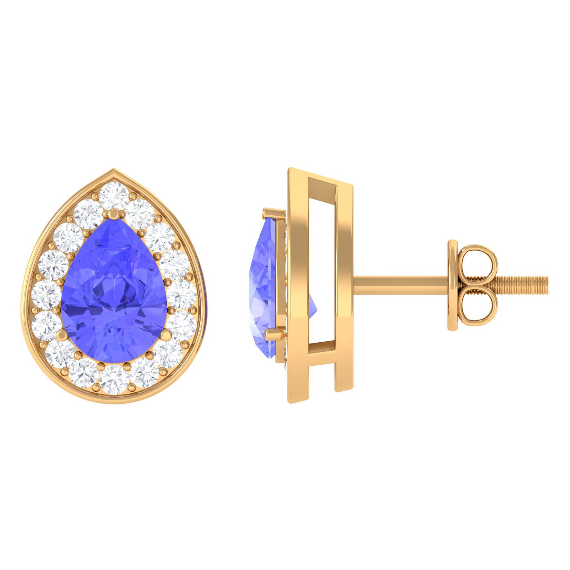 Pear Shape Tanzanite Classic Halo Stud Earrings with Diamond Tanzanite - ( AAA ) - Quality - Rosec Jewels