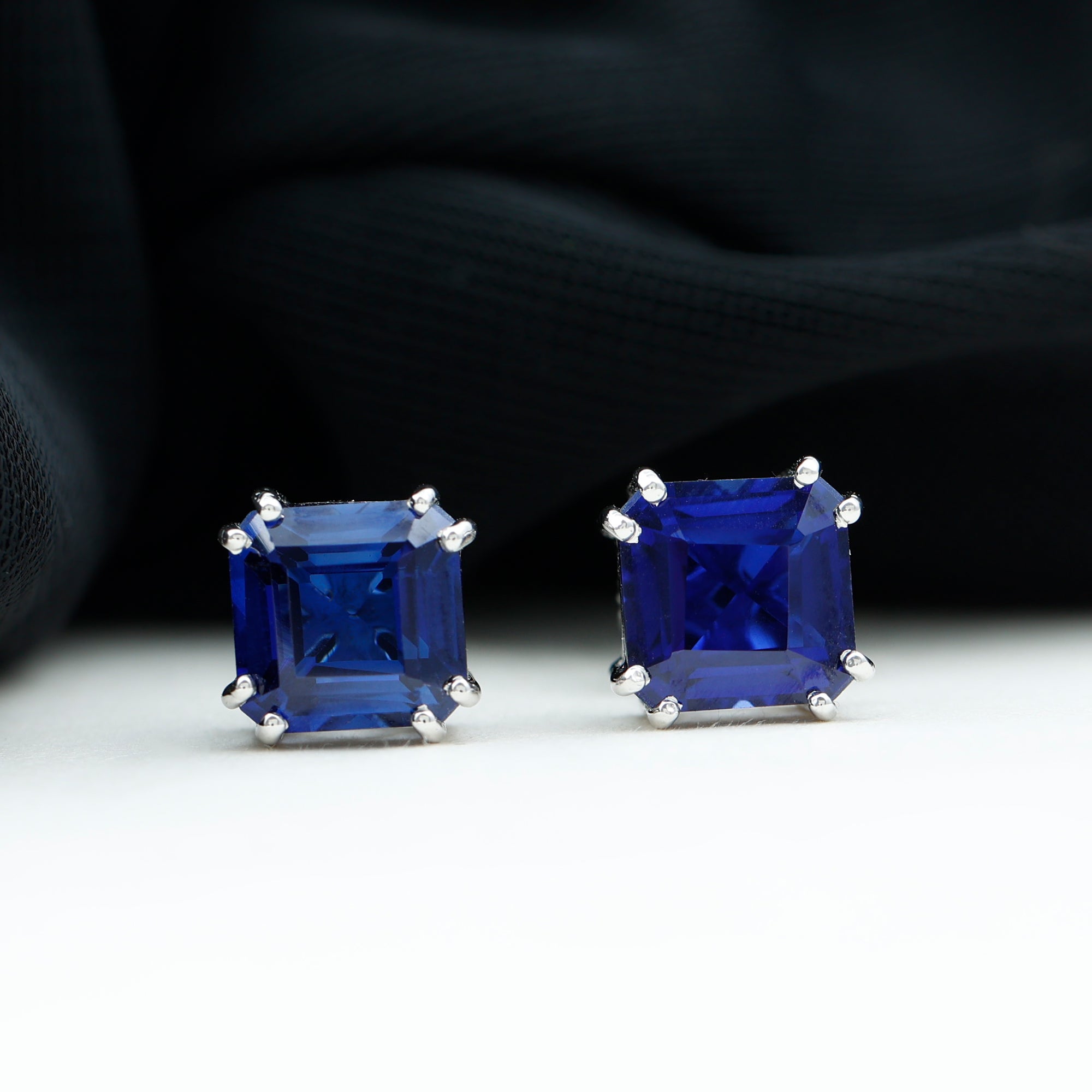 9.50 CT Asscher Cut Created Blue Sapphire Solitaire Stud Earrings Lab Created Blue Sapphire - ( AAAA ) - Quality - Rosec Jewels