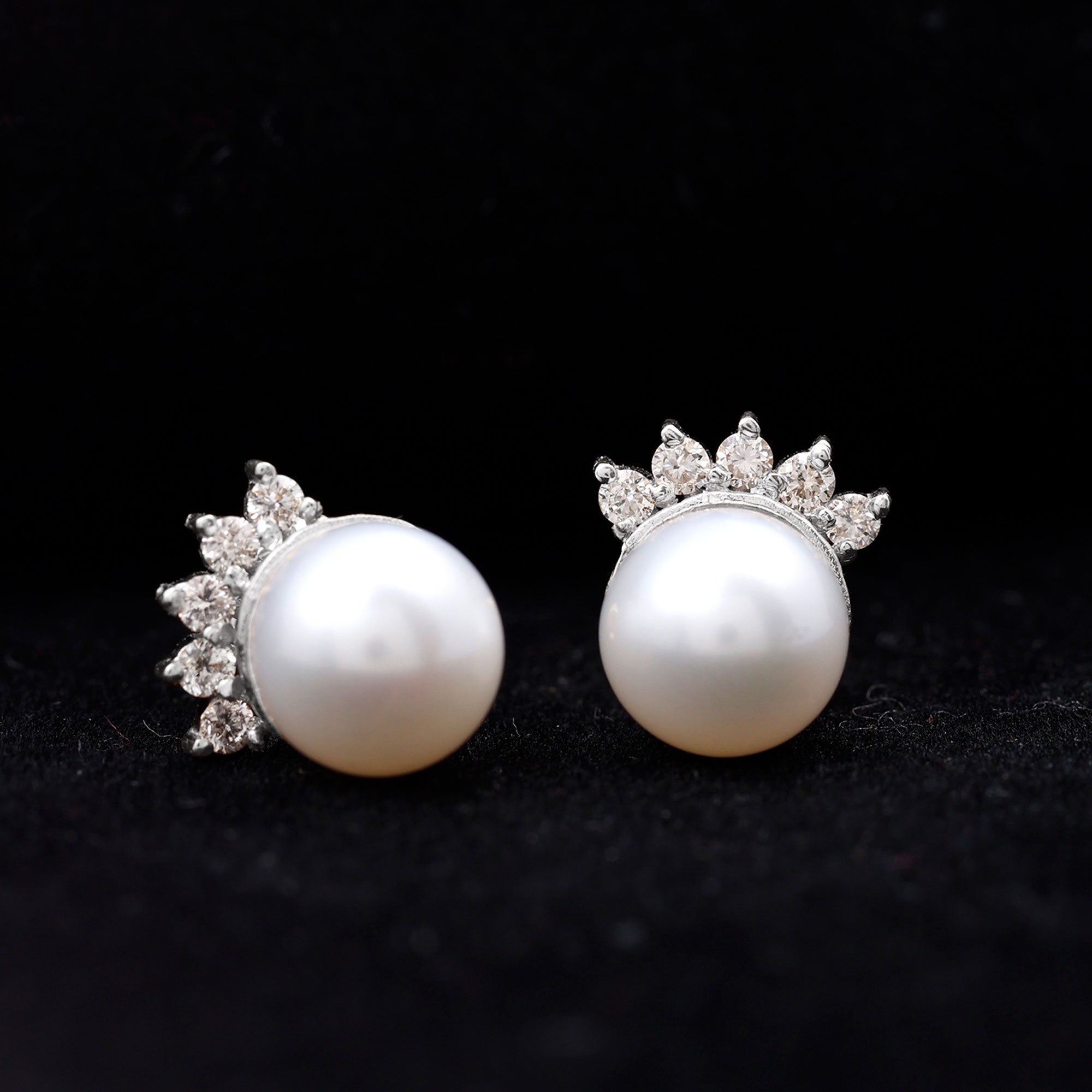 Crown Freshwater Pearl Stud Earring with Shiny Diamond Freshwater Pearl - ( AAA ) - Quality - Rosec Jewels