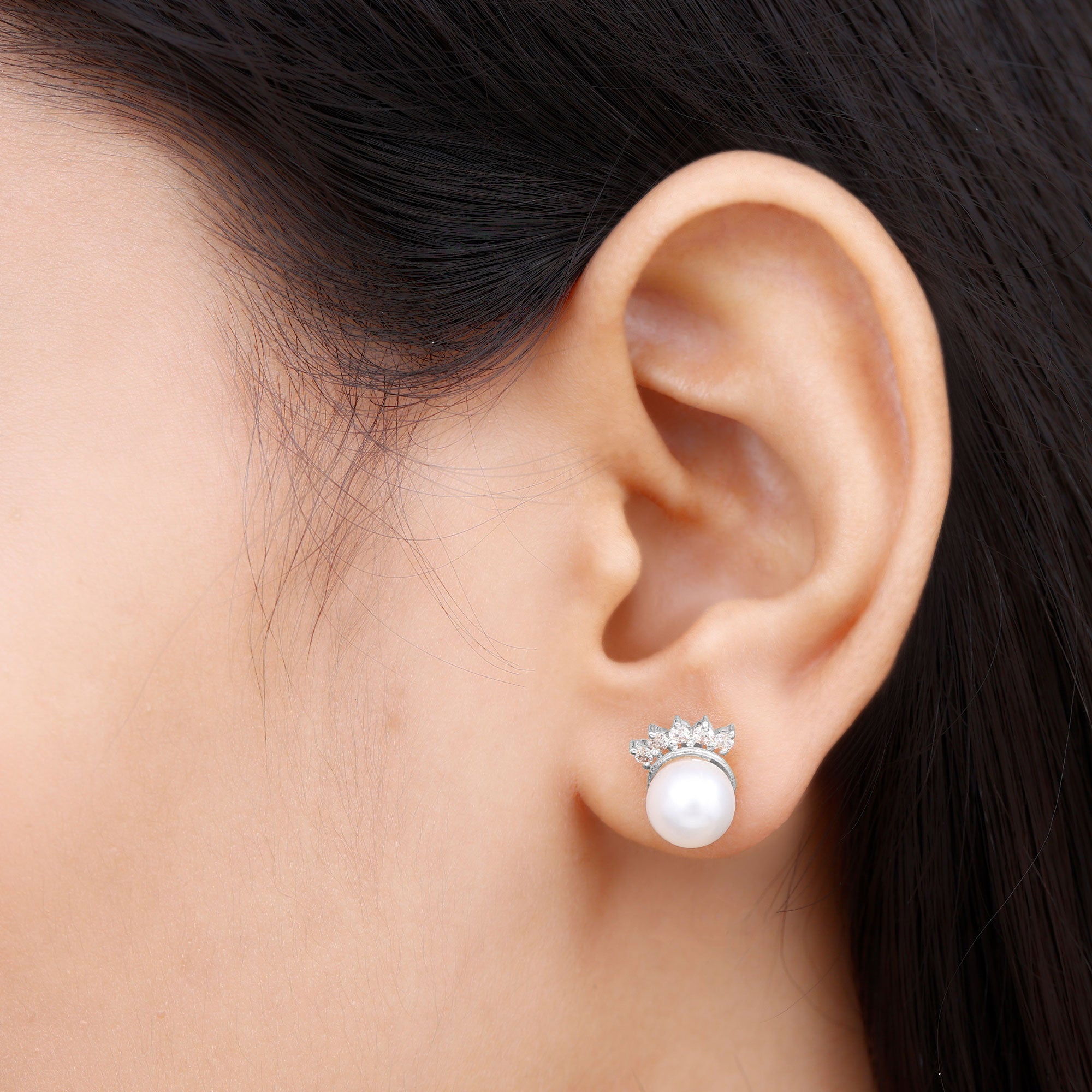 Crown Freshwater Pearl Stud Earring with Shiny Diamond Freshwater Pearl - ( AAA ) - Quality - Rosec Jewels