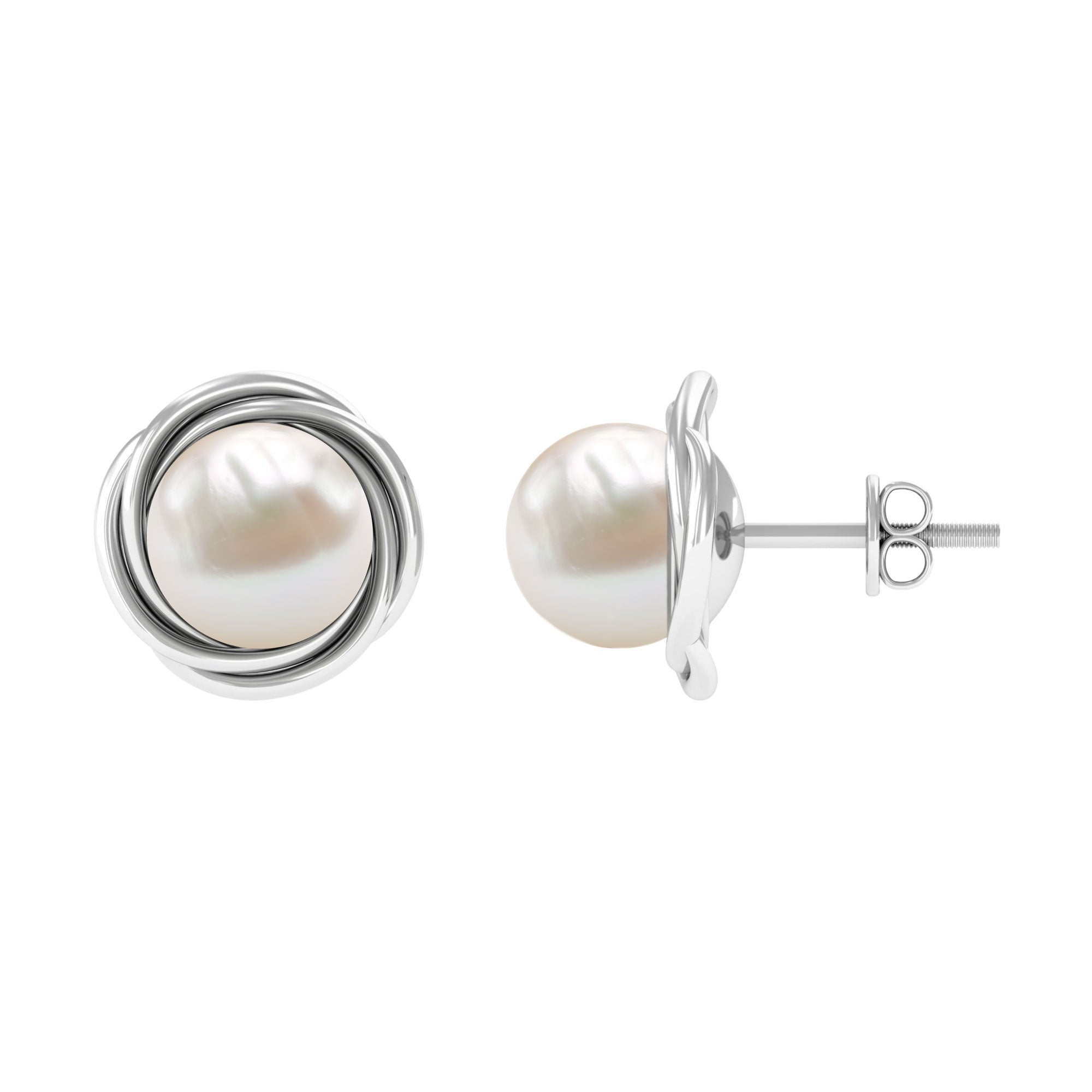 Freshwater Pearl Solitaire and Gold Swirl Stud Earrings Freshwater Pearl - ( AAA ) - Quality - Rosec Jewels