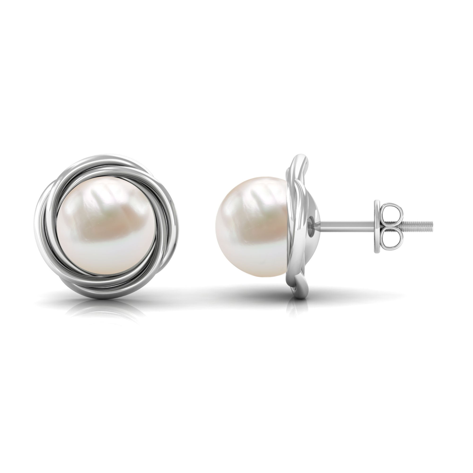 Freshwater Pearl Solitaire and Gold Swirl Stud Earrings Freshwater Pearl - ( AAA ) - Quality - Rosec Jewels