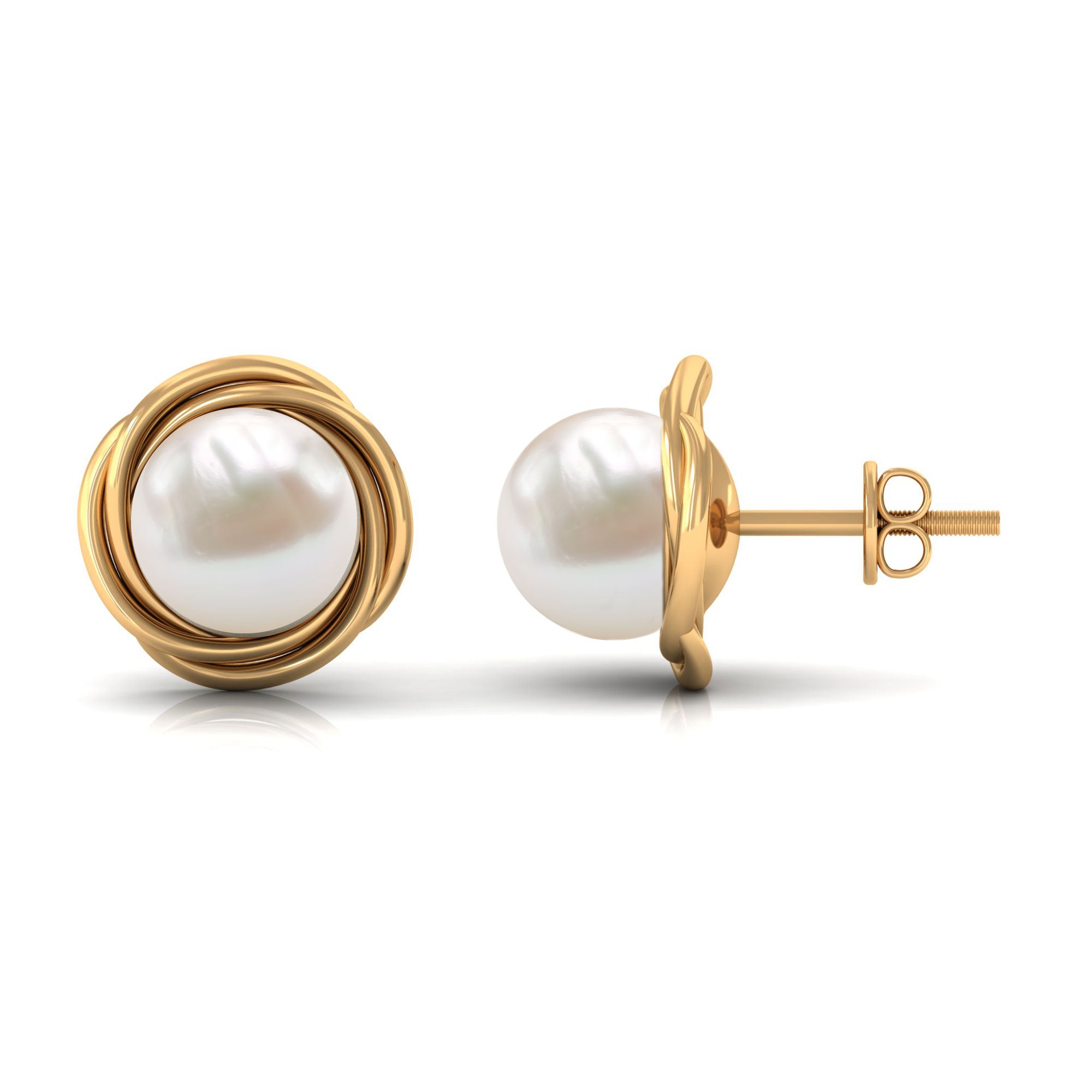 Freshwater Pearl Solitaire and Gold Swirl Stud Earrings Freshwater Pearl - ( AAA ) - Quality - Rosec Jewels