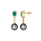 Classic Tahitian Pearl Dangle Earrings with Emerald and Diamond Emerald - ( AAA ) - Quality - Rosec Jewels