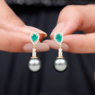 Classic Tahitian Pearl Dangle Earrings with Emerald and Diamond Emerald - ( AAA ) - Quality - Rosec Jewels