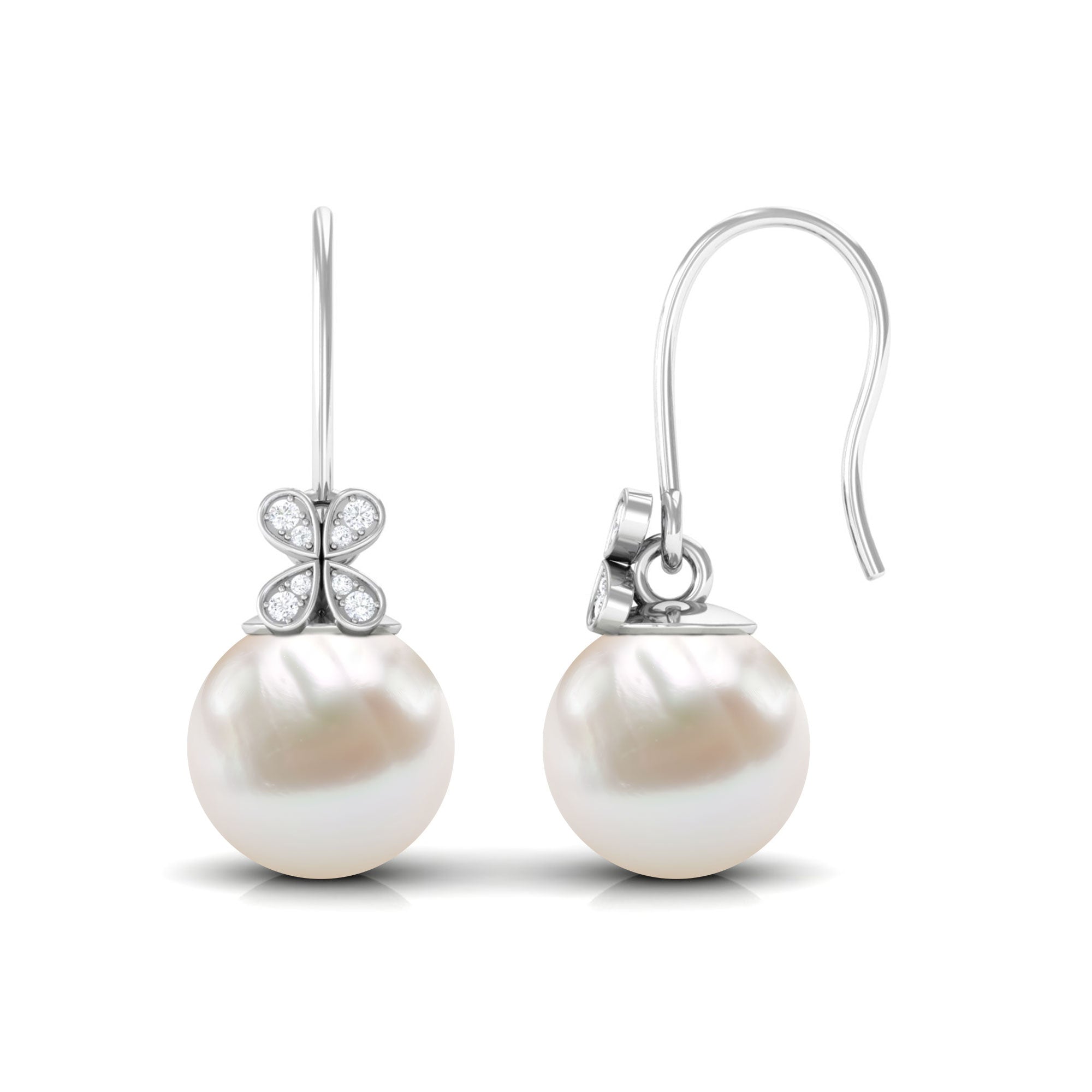 Simple Freshwater Pearl and Diamond Flower Drop Earrings with Fish Hook Freshwater Pearl - ( AAA ) - Quality - Rosec Jewels