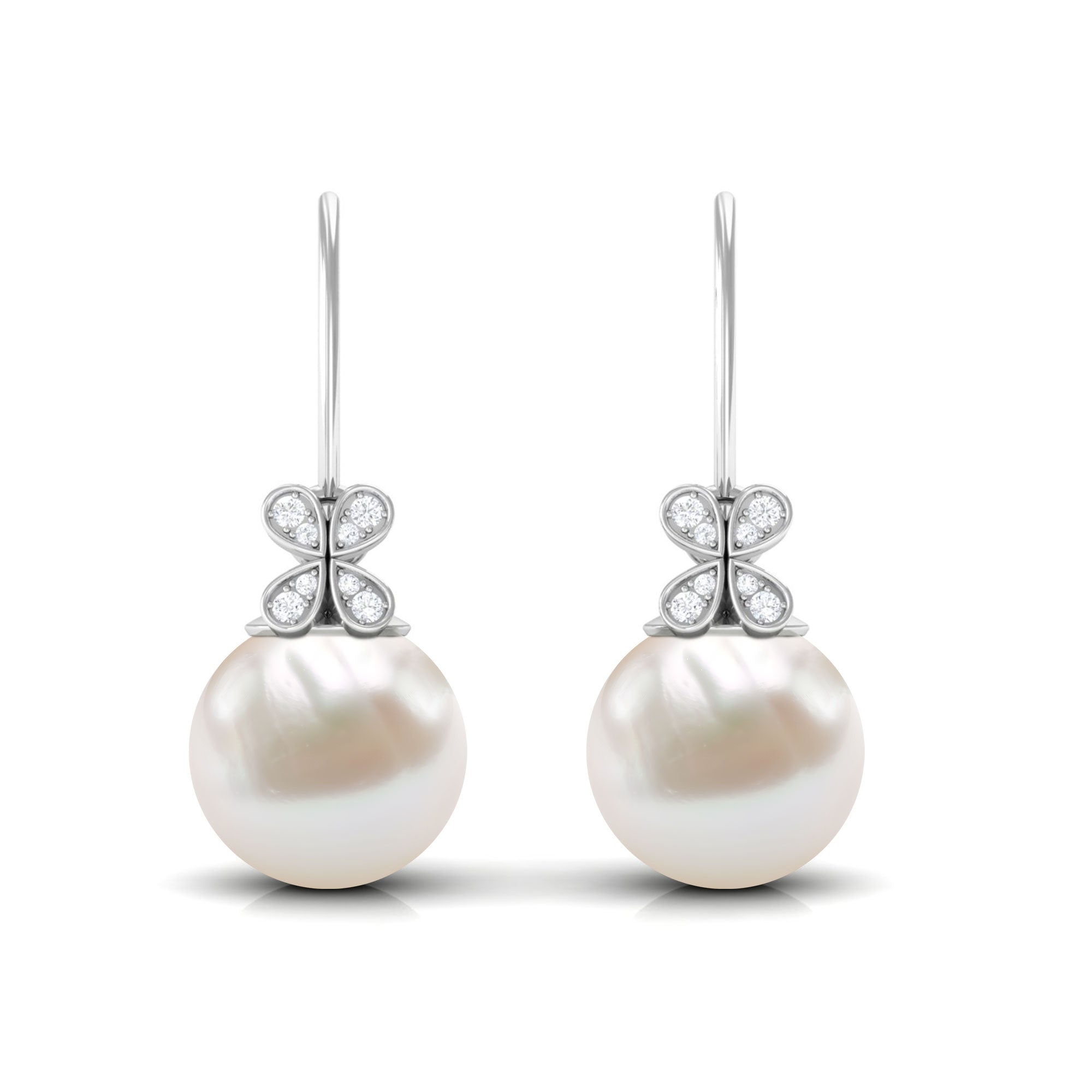 Simple Freshwater Pearl and Diamond Flower Drop Earrings with Fish Hook Freshwater Pearl - ( AAA ) - Quality - Rosec Jewels