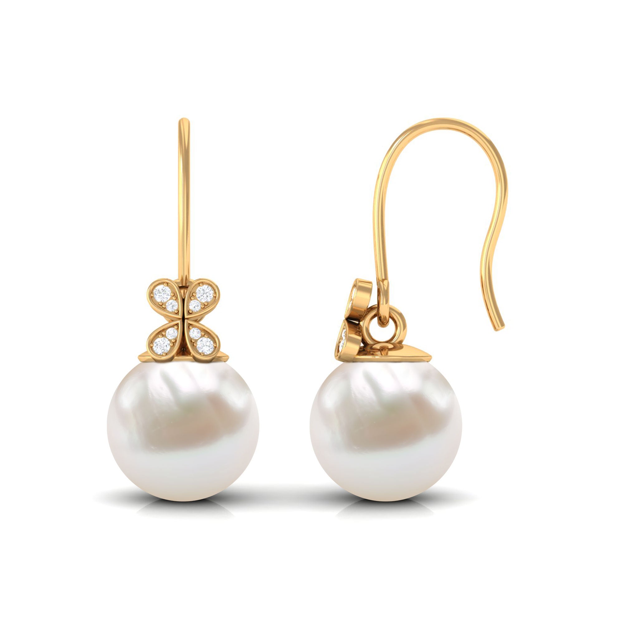 Simple Freshwater Pearl and Diamond Flower Drop Earrings with Fish Hook Freshwater Pearl - ( AAA ) - Quality - Rosec Jewels