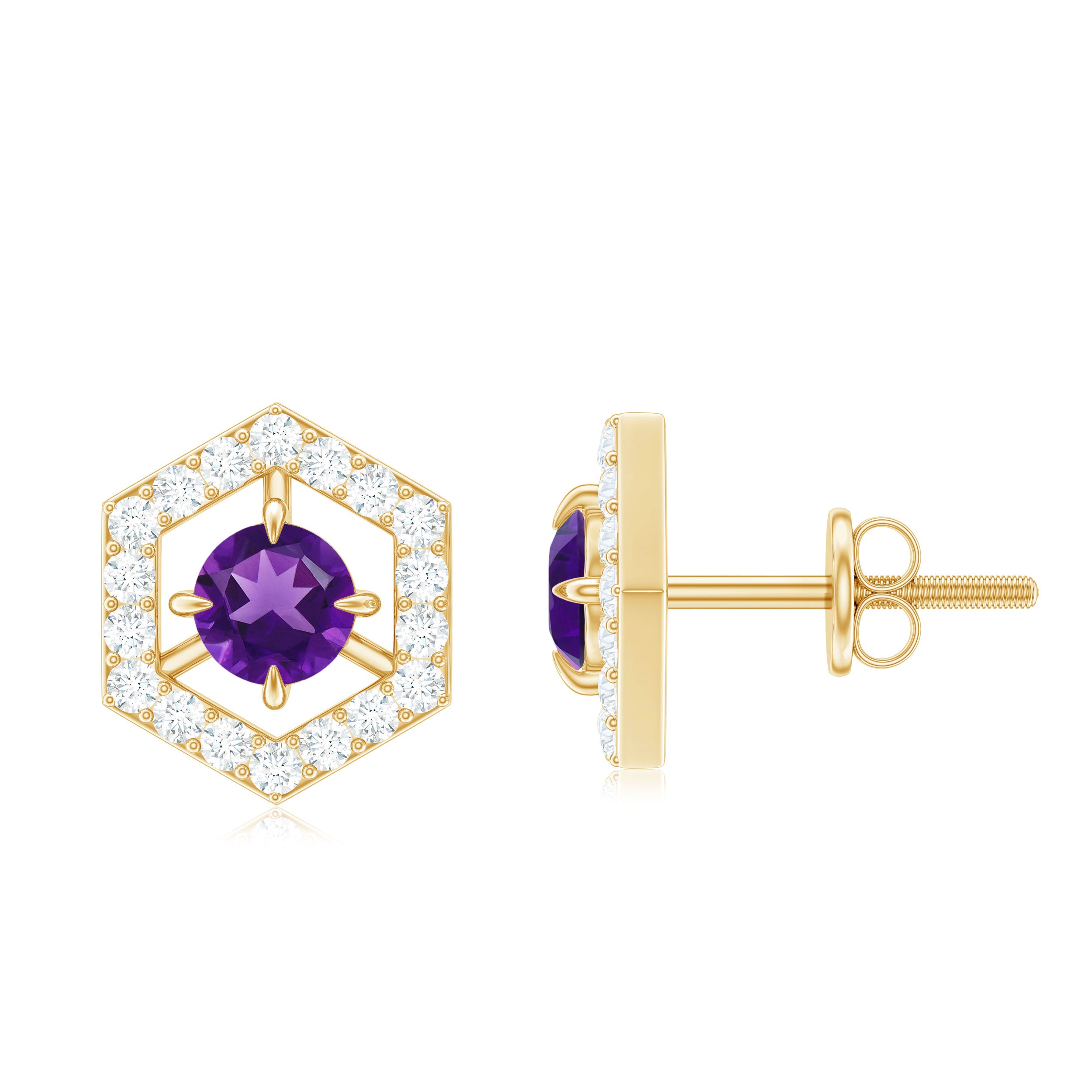 Minimal Amethyst and Diamond Geometric Stud Earrings Amethyst - ( AAA ) - Quality - Rosec Jewels