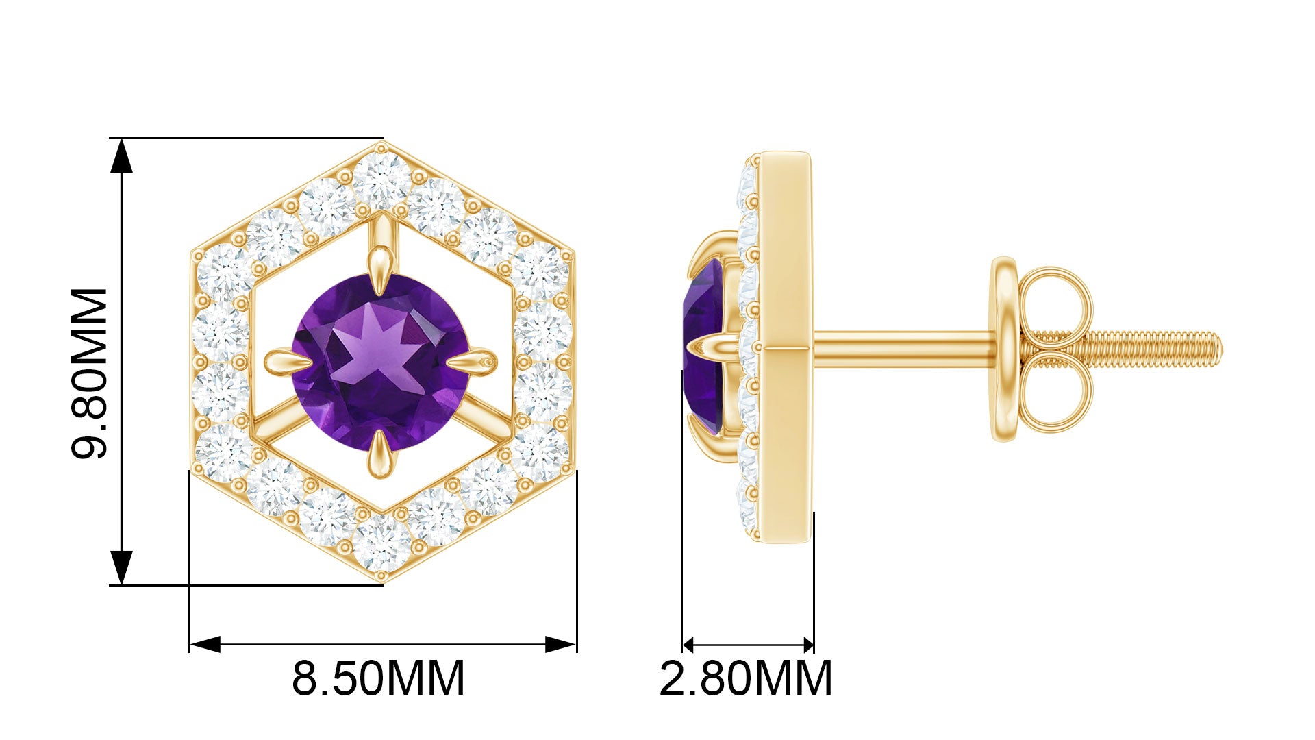 Minimal Amethyst and Diamond Geometric Stud Earrings Amethyst - ( AAA ) - Quality - Rosec Jewels