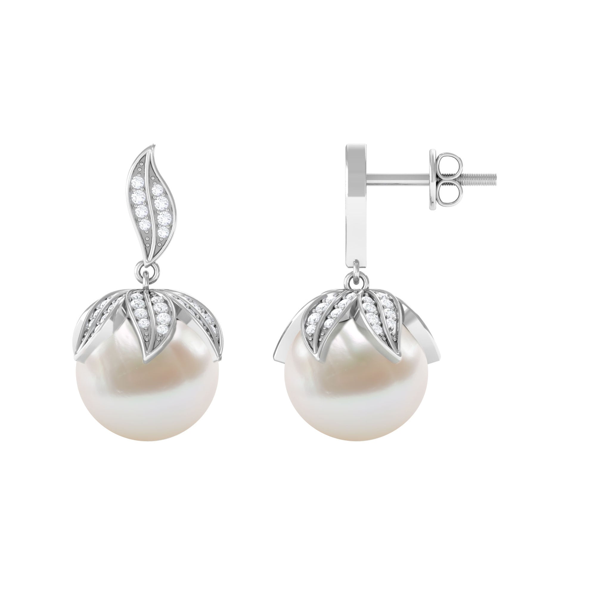 Nature Inspired Freshwater Pearl Drop Earrings with Diamond Freshwater Pearl - ( AAA ) - Quality - Rosec Jewels