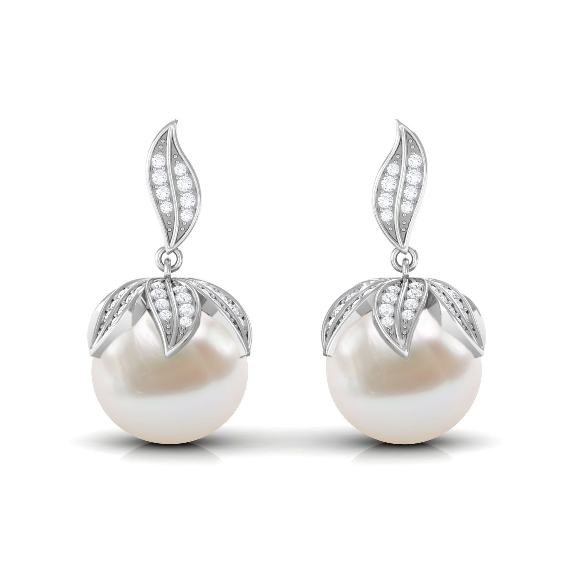 Nature Inspired Freshwater Pearl Drop Earrings with Diamond Freshwater Pearl - ( AAA ) - Quality - Rosec Jewels