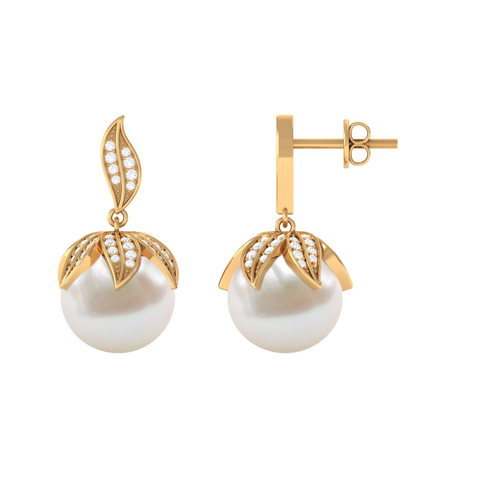 Nature Inspired Freshwater Pearl Drop Earrings with Diamond Freshwater Pearl - ( AAA ) - Quality - Rosec Jewels