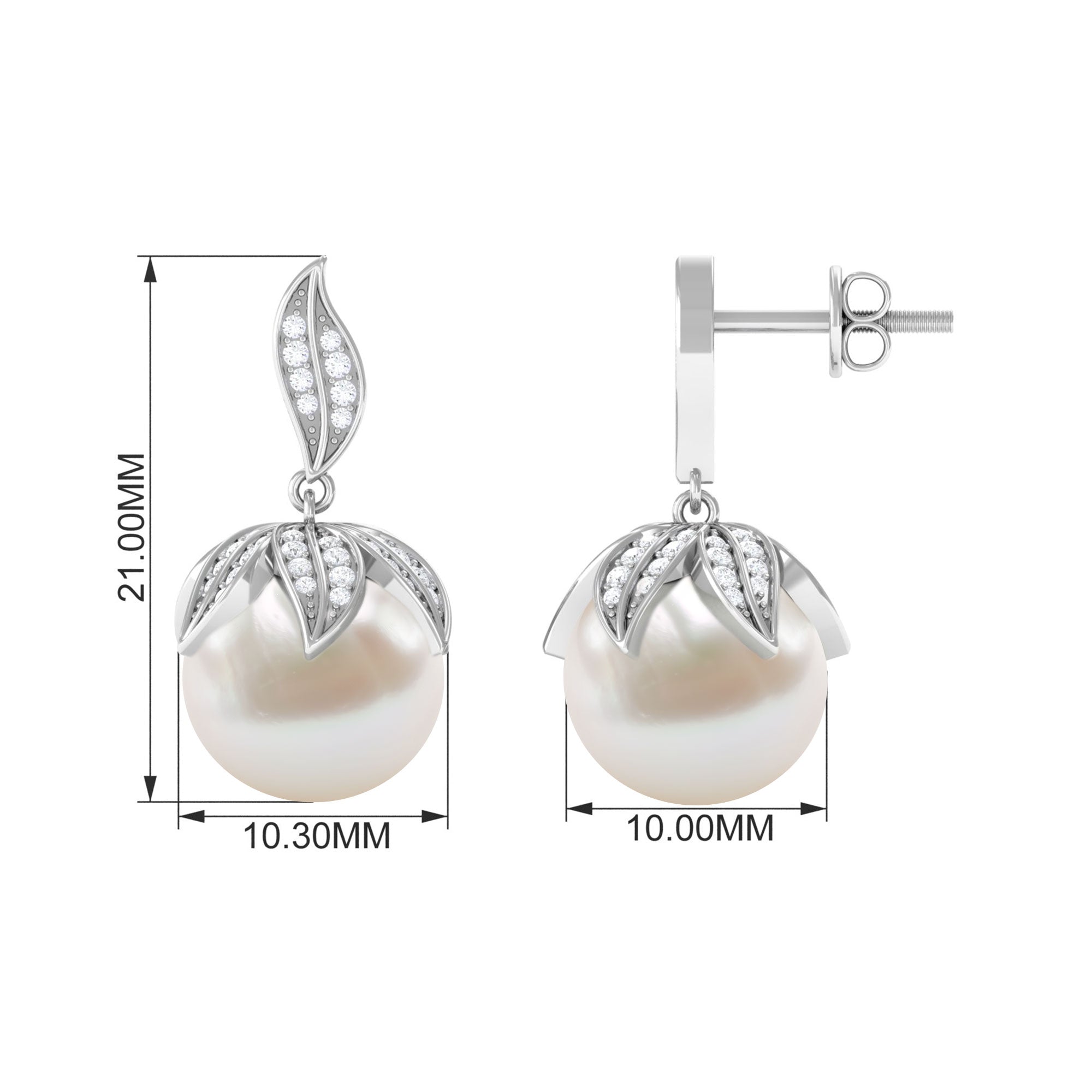 Nature Inspired Freshwater Pearl Drop Earrings with Diamond Freshwater Pearl - ( AAA ) - Quality - Rosec Jewels