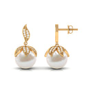 Nature Inspired Freshwater Pearl Drop Earrings with Diamond Freshwater Pearl - ( AAA ) - Quality - Rosec Jewels