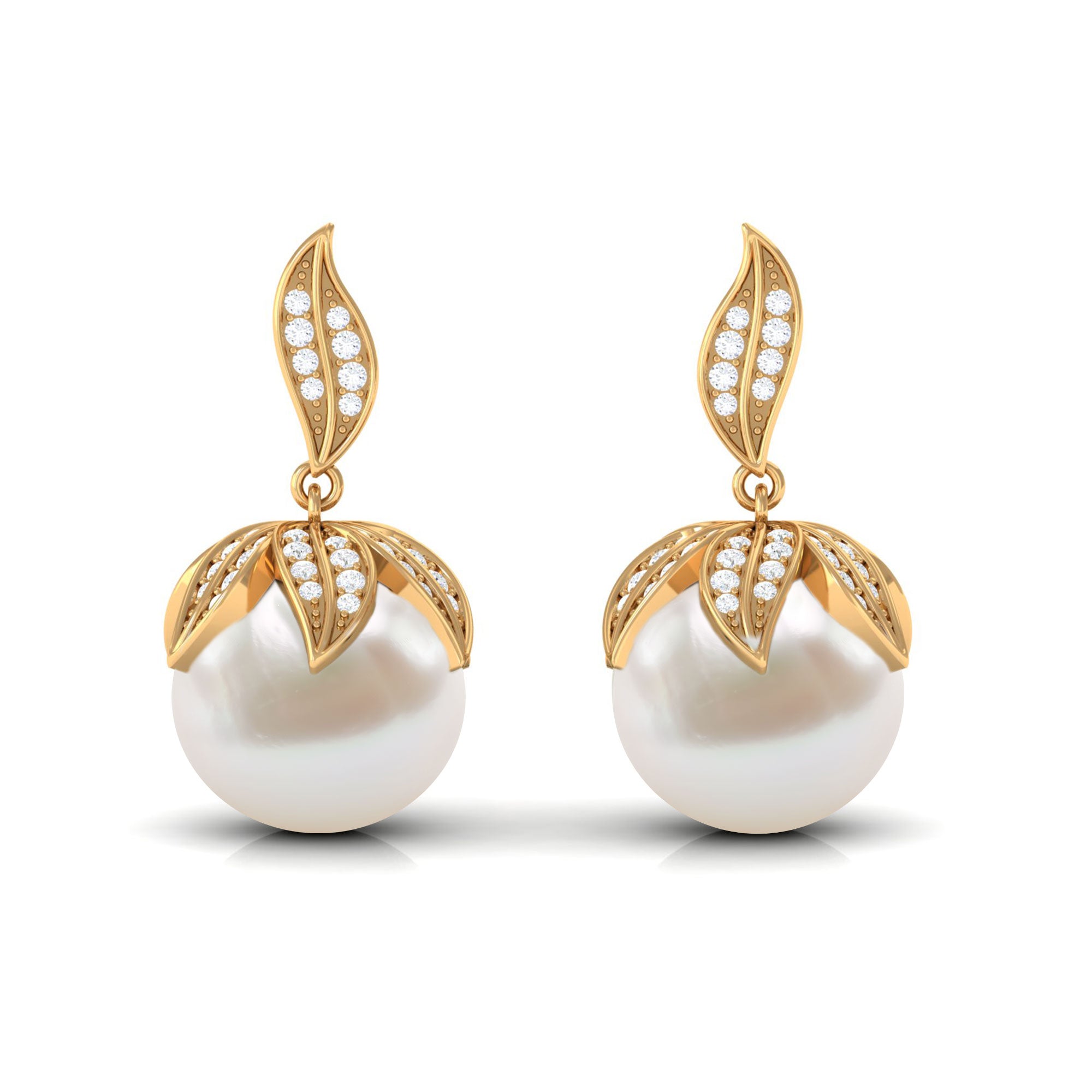 Nature Inspired Freshwater Pearl Drop Earrings with Diamond Freshwater Pearl - ( AAA ) - Quality - Rosec Jewels