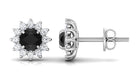 Round Created Black Diamond and Diamond Flower Halo Stud Earrings Lab Created Black Diamond - ( AAAA ) - Quality - Rosec Jewels