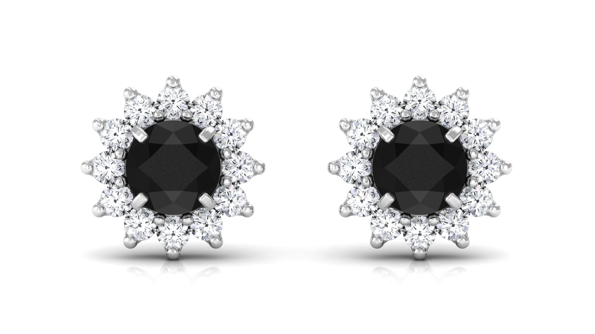 Round Created Black Diamond and Diamond Flower Halo Stud Earrings Lab Created Black Diamond - ( AAAA ) - Quality - Rosec Jewels