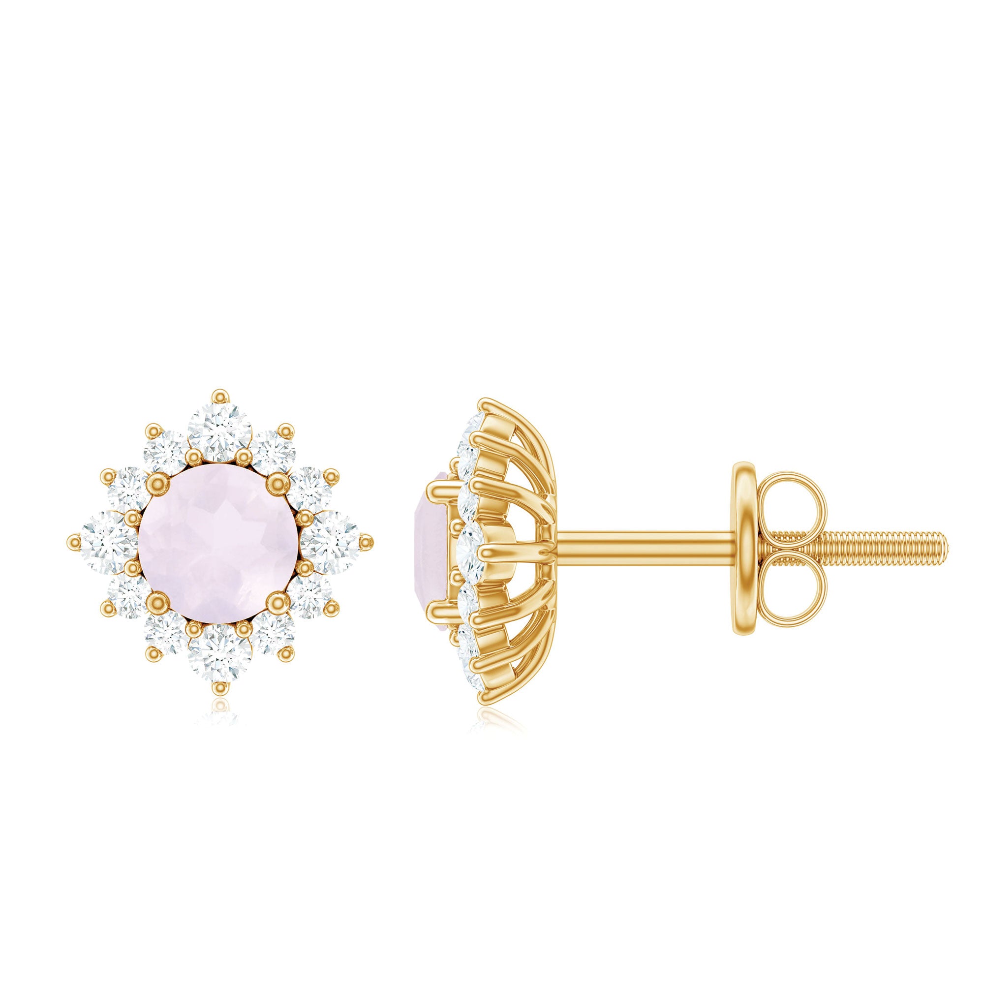 1 CT Classic Rose Quartz Stud Earrings with Diamond Halo Rose Quartz - ( AAA ) - Quality - Rosec Jewels