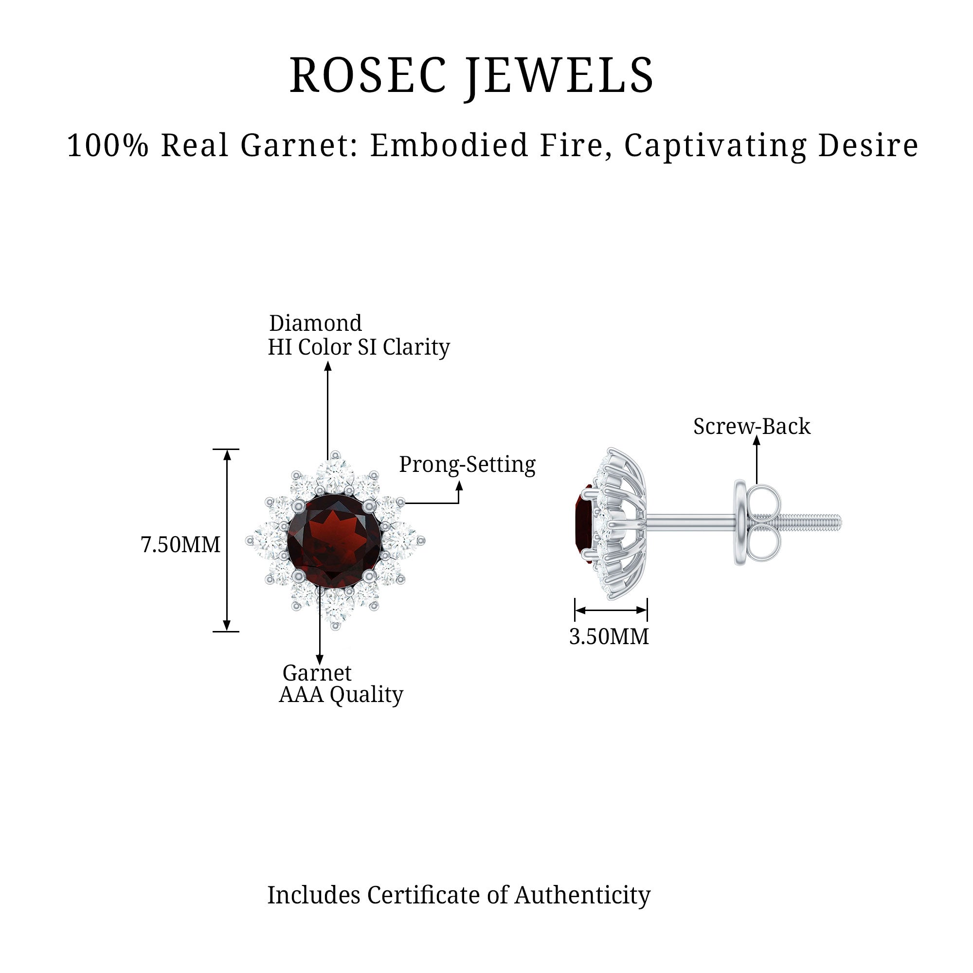 1.25 CT Classic Garnet Stud Earrings with Diamond Halo Garnet - ( AAA ) - Quality - Rosec Jewels