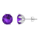 3 CT Real Amethyst Solitaire Bridal Stud Earrings with Diamond Amethyst - ( AAA ) - Quality - Rosec Jewels