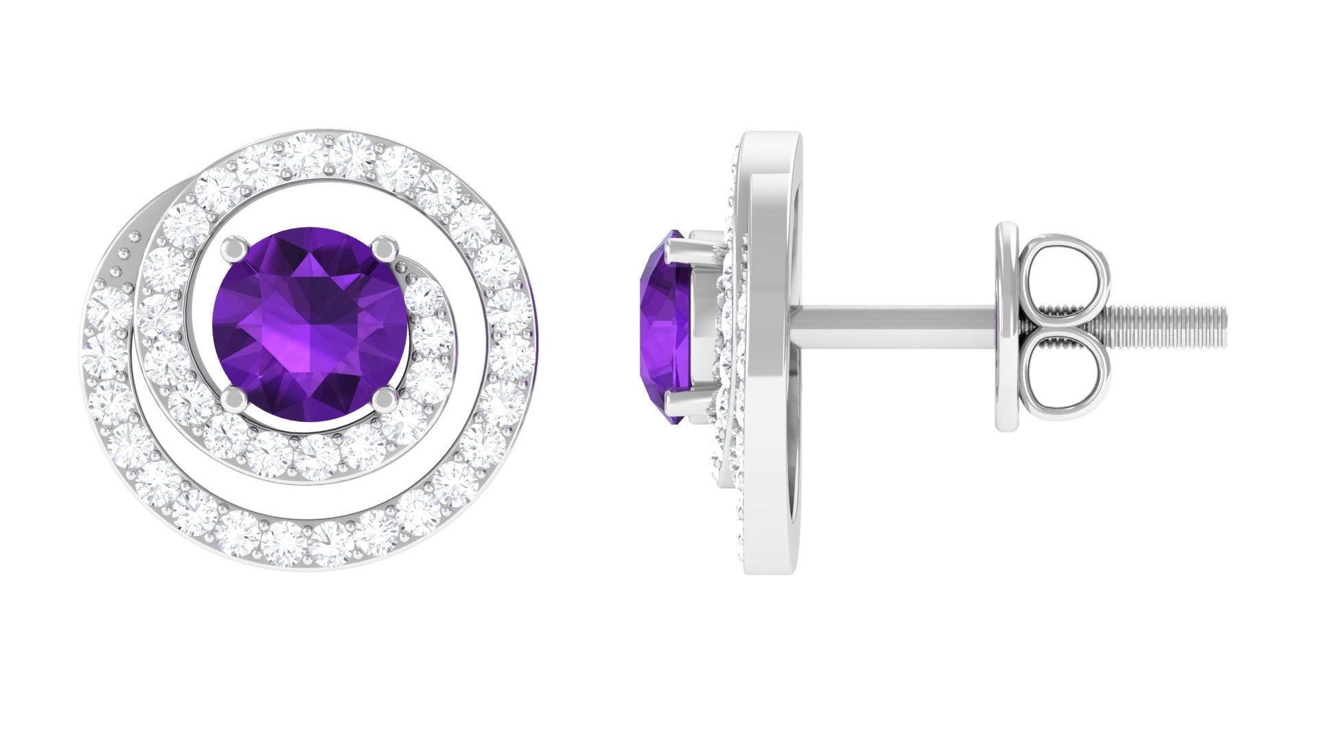 Round Amethyst and Diamond Contemporary Swirl Stud Earrings Amethyst - ( AAA ) - Quality - Rosec Jewels