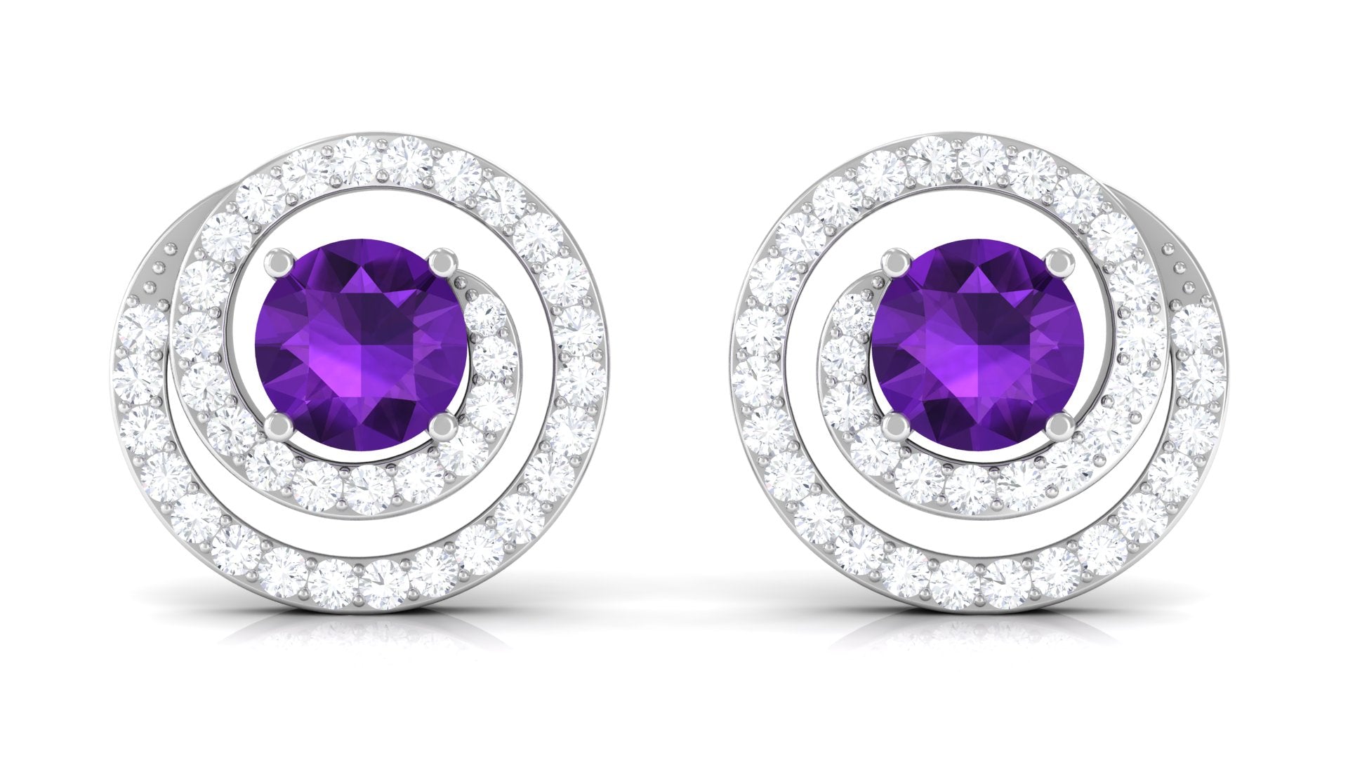 Round Amethyst and Diamond Contemporary Swirl Stud Earrings Amethyst - ( AAA ) - Quality - Rosec Jewels