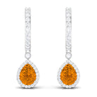 Pear Shape Citrine Hoop Drop Earrings with Moissanite Halo Citrine - ( AAA ) - Quality - Rosec Jewels