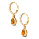 Pear Shape Citrine Hoop Drop Earrings with Moissanite Halo Citrine - ( AAA ) - Quality - Rosec Jewels