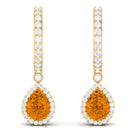 Pear Shape Citrine Hoop Drop Earrings with Moissanite Halo Citrine - ( AAA ) - Quality - Rosec Jewels