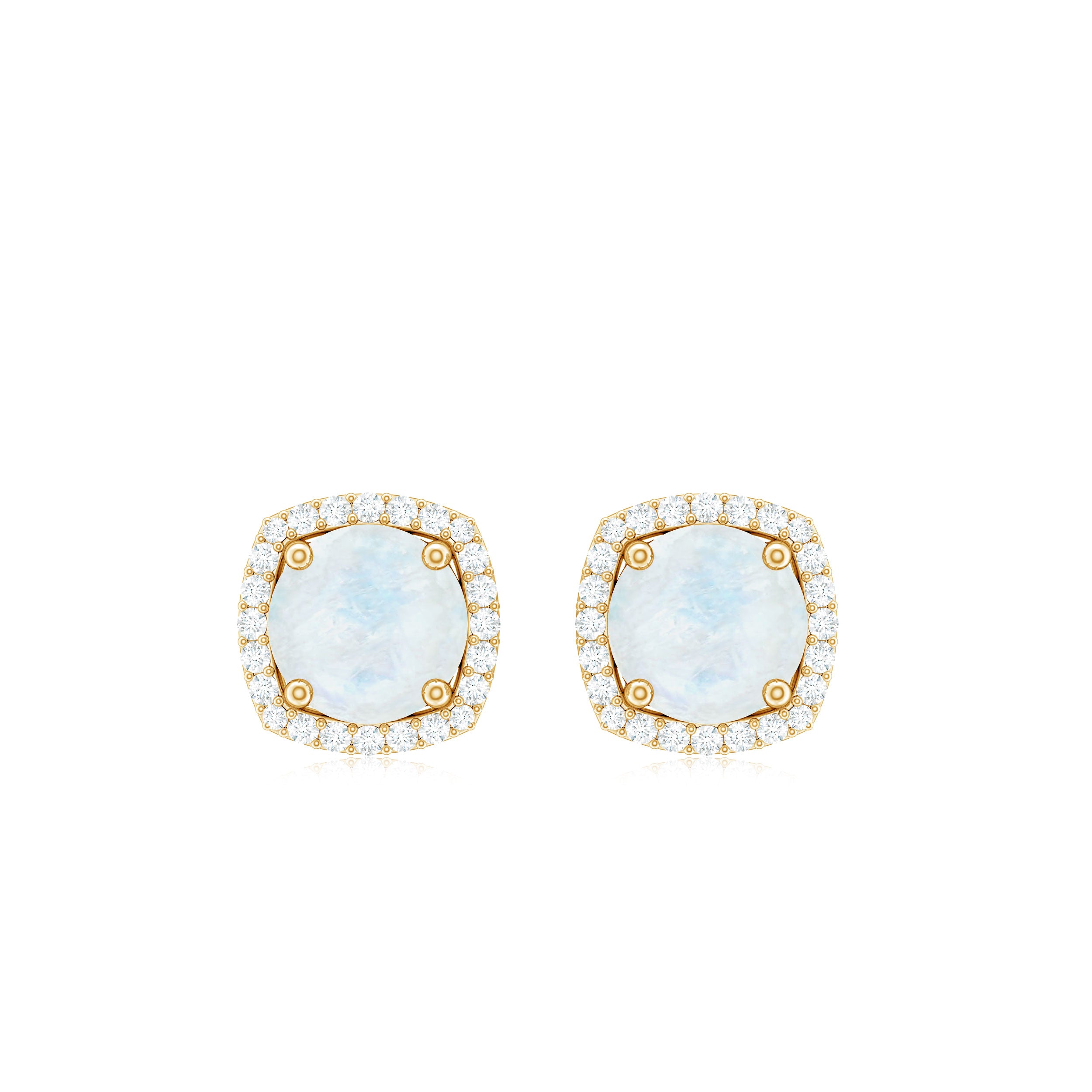 Round Moonstone Classic Halo Stud Earrings with Diamond Moonstone - ( AAA ) - Quality - Rosec Jewels