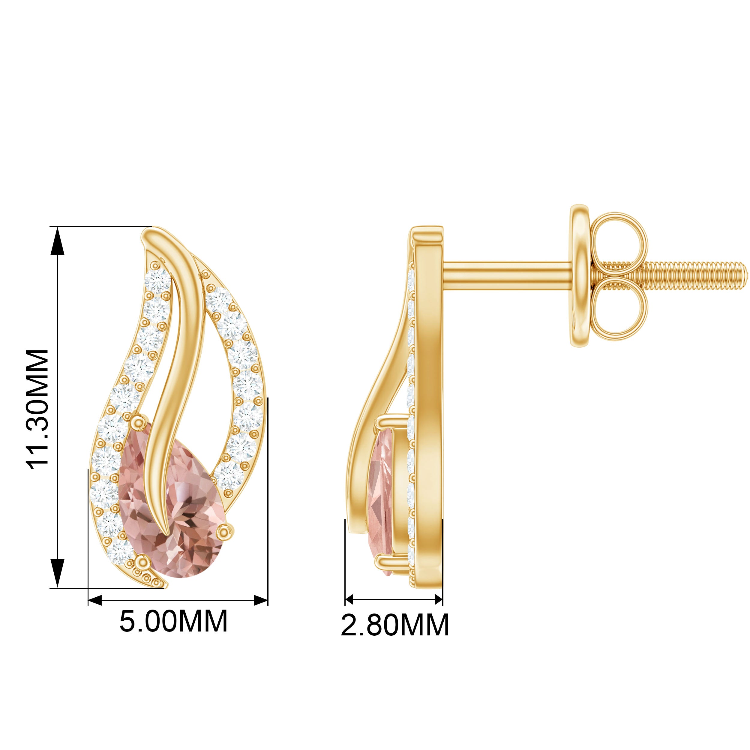 Pear Cut Morganite Leaf Stud Earrings with Diamond Morganite - ( AAA ) - Quality - Rosec Jewels