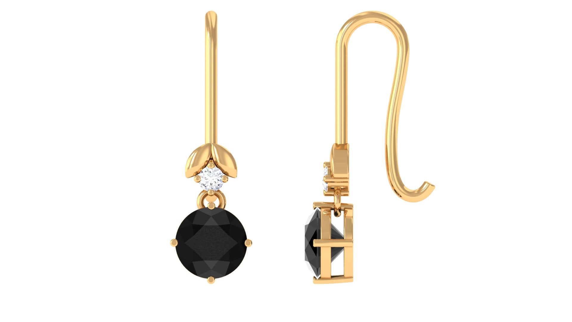 Black Onyx Fish Hook Earrings with Diamond Black Onyx - ( AAA ) - Quality - Rosec Jewels