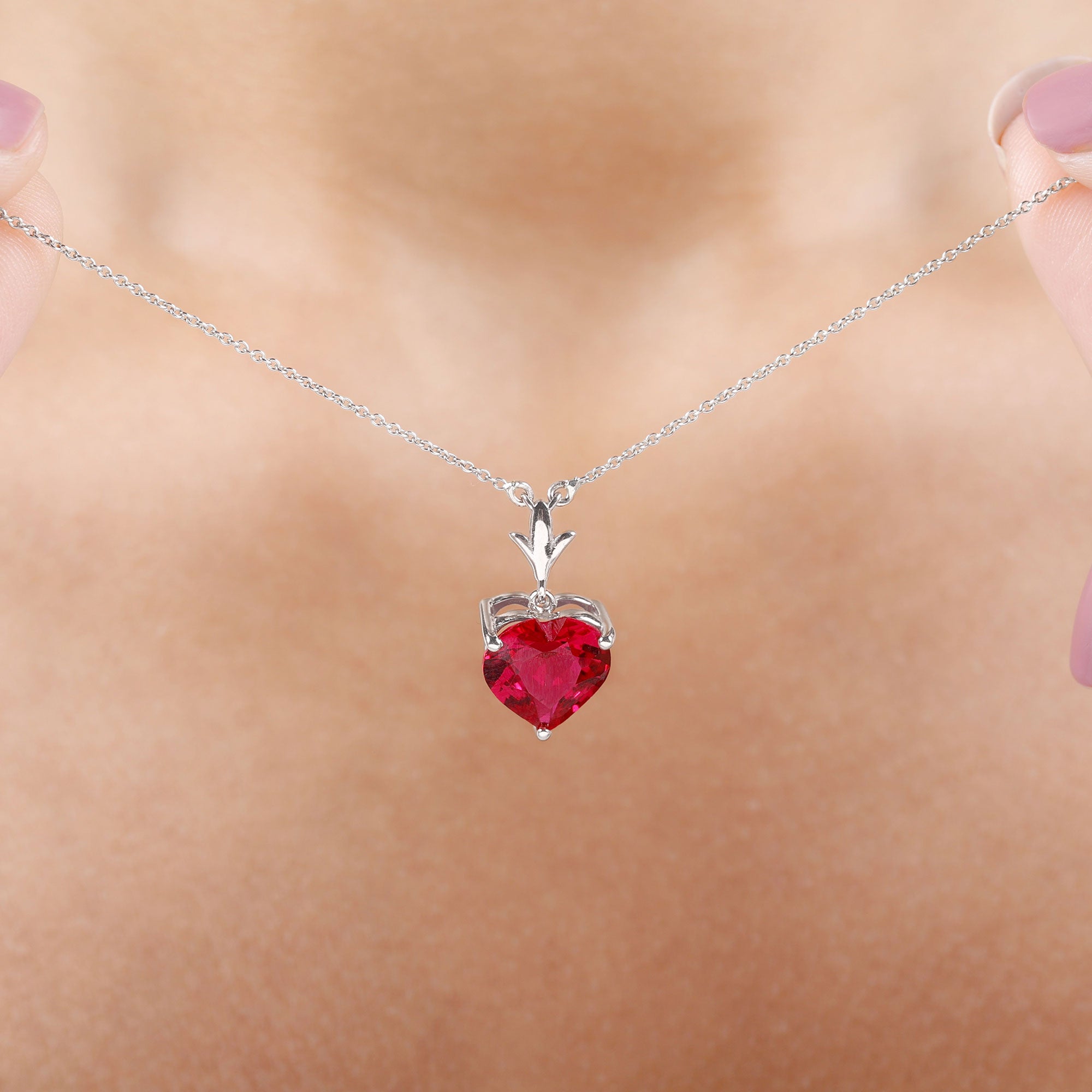 Heart Shape Lab Grown Ruby Solitaire Necklace Lab Created Ruby - ( AAAA ) - Quality - Rosec Jewels