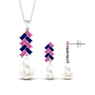 Freshwater Pearl Drop Jewelry Set with Pink and Blue Sapphire Freshwater Pearl - ( AAA ) - Quality - Rosec Jewels