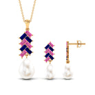 Freshwater Pearl Drop Jewelry Set with Pink and Blue Sapphire Freshwater Pearl - ( AAA ) - Quality - Rosec Jewels