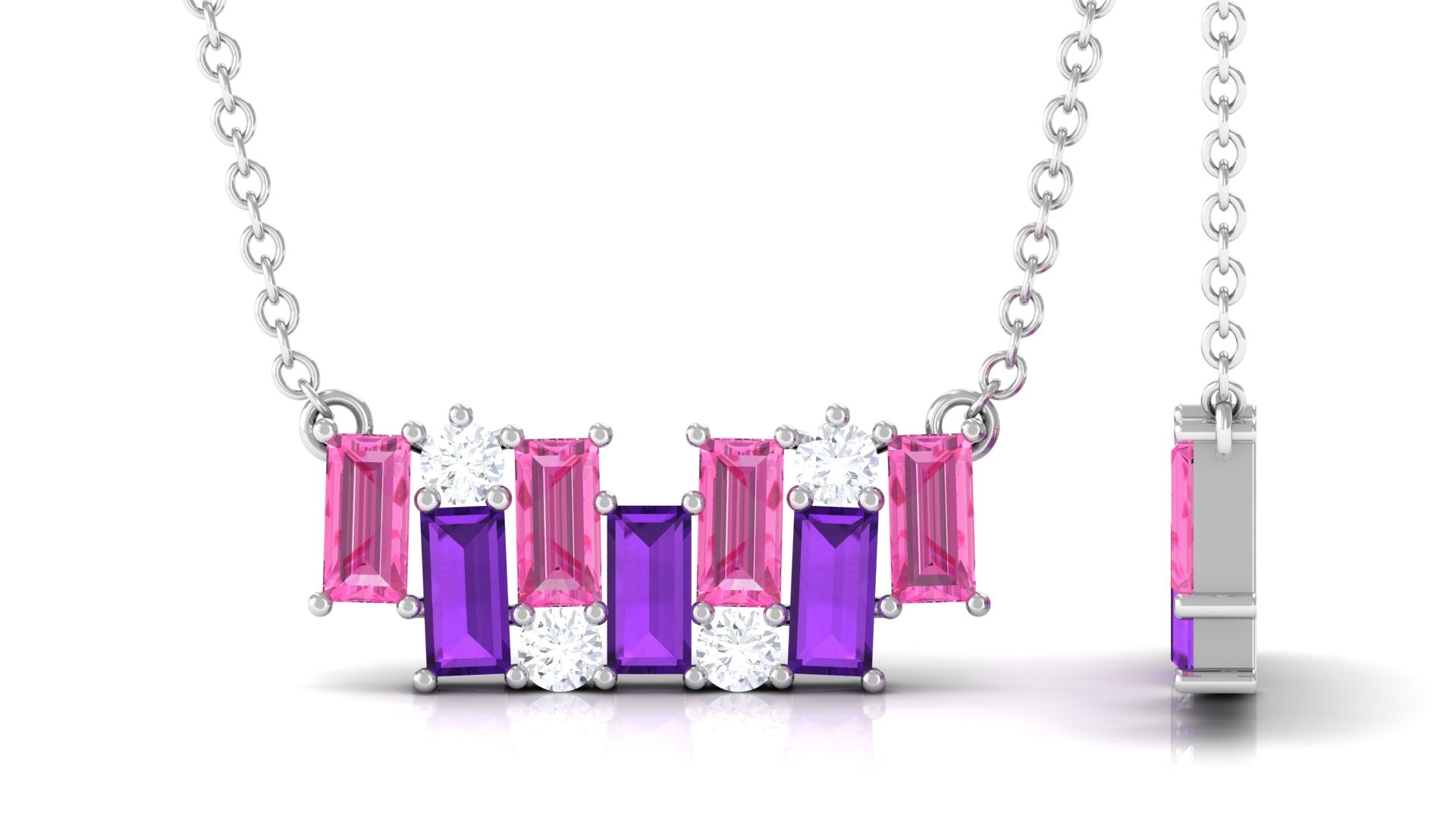 Baguette Cut Pink Sapphire and Amethyst Bar Necklace with Diamond Amethyst - ( AAA ) - Quality - Rosec Jewels