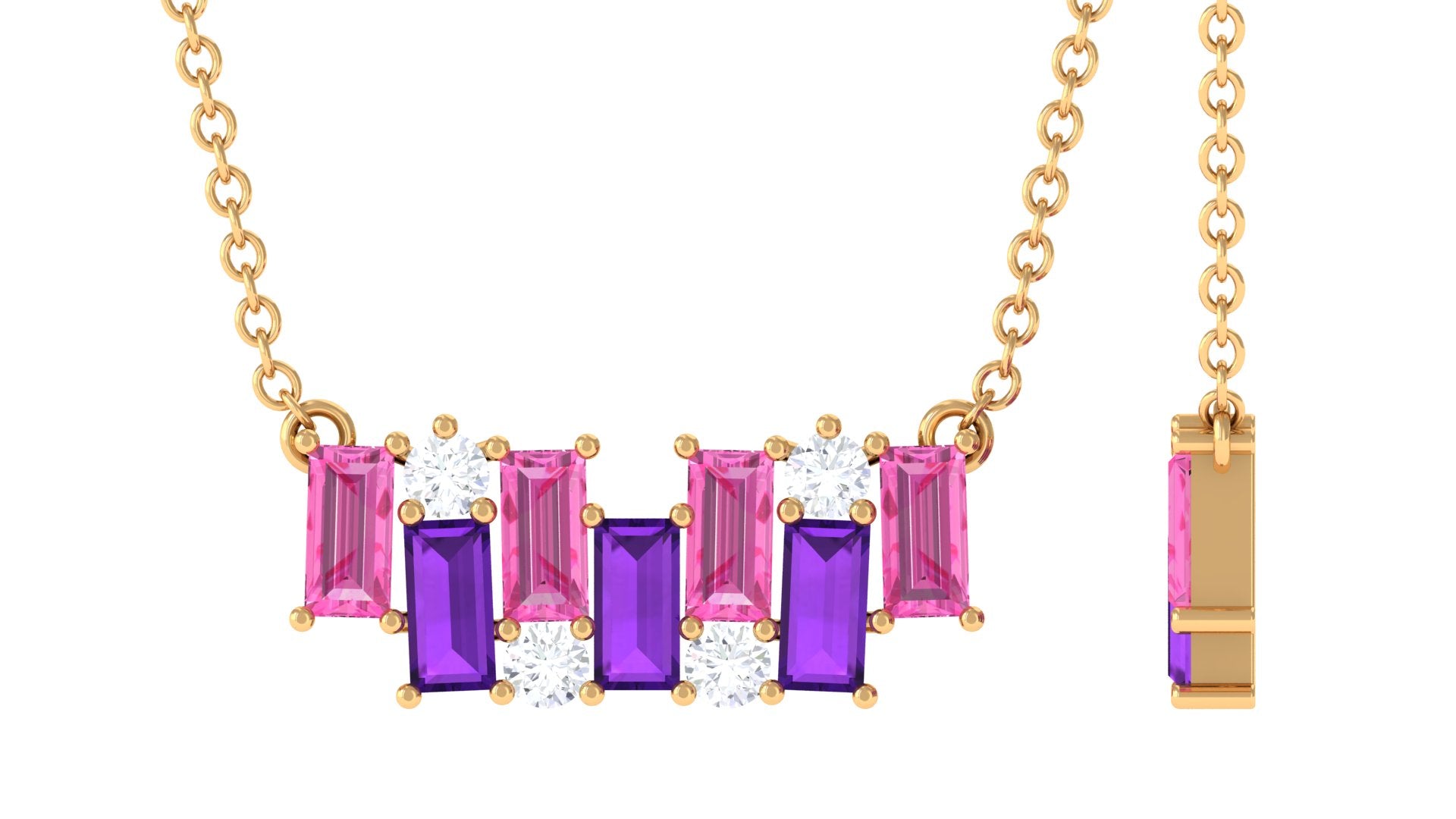 Baguette Cut Pink Sapphire and Amethyst Bar Necklace with Diamond Amethyst - ( AAA ) - Quality - Rosec Jewels