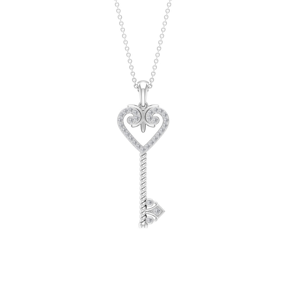 Vintage Inspired Heart Key Pendant Necklace Zircon - ( AAAA ) - Quality - Rosec Jewels