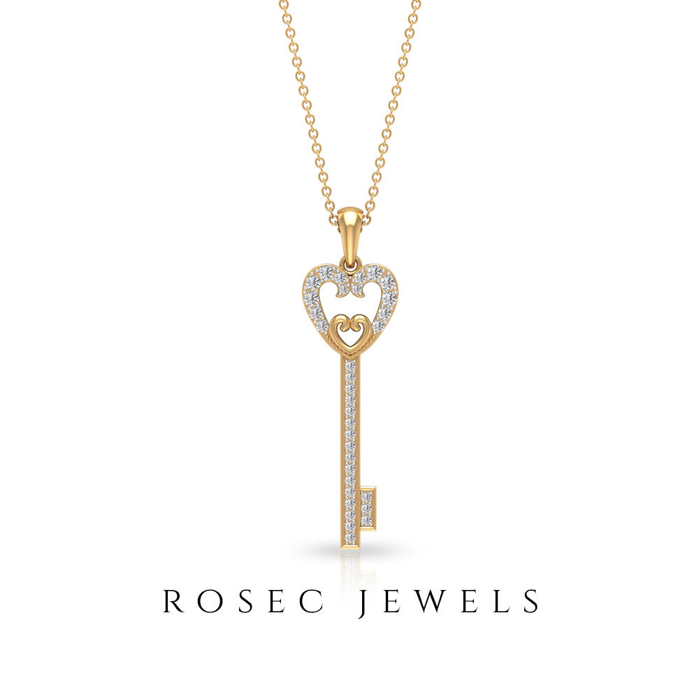 Heart key Pendant with Cubic Zirconia Zircon - ( AAAA ) - Quality - Rosec Jewels