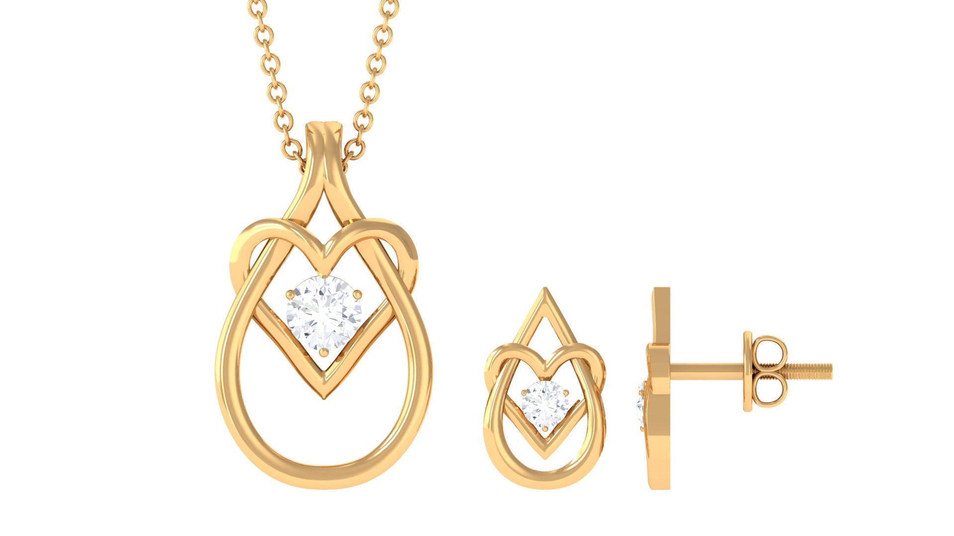 Round Zircon Gold Teardrop Heart Pendant and Earrings Set Zircon - ( AAAA ) - Quality - Rosec Jewels