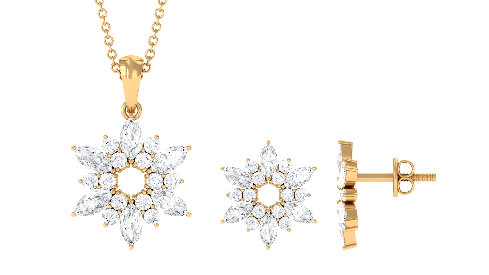 4 CT Cubic Zirconia Flower Cluster Jewelry Set in Gold Zircon - ( AAAA ) - Quality - Rosec Jewels