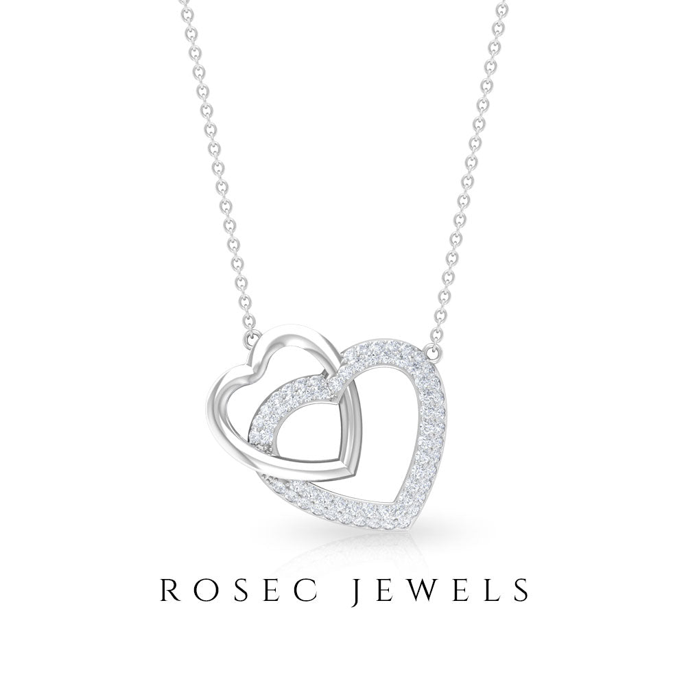 Round Cut Zircon Twin Heart Pendant Necklace Zircon - ( AAAA ) - Quality - Rosec Jewels