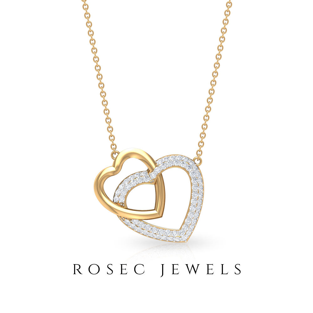 Round Cut Zircon Twin Heart Pendant Necklace Zircon - ( AAAA ) - Quality - Rosec Jewels