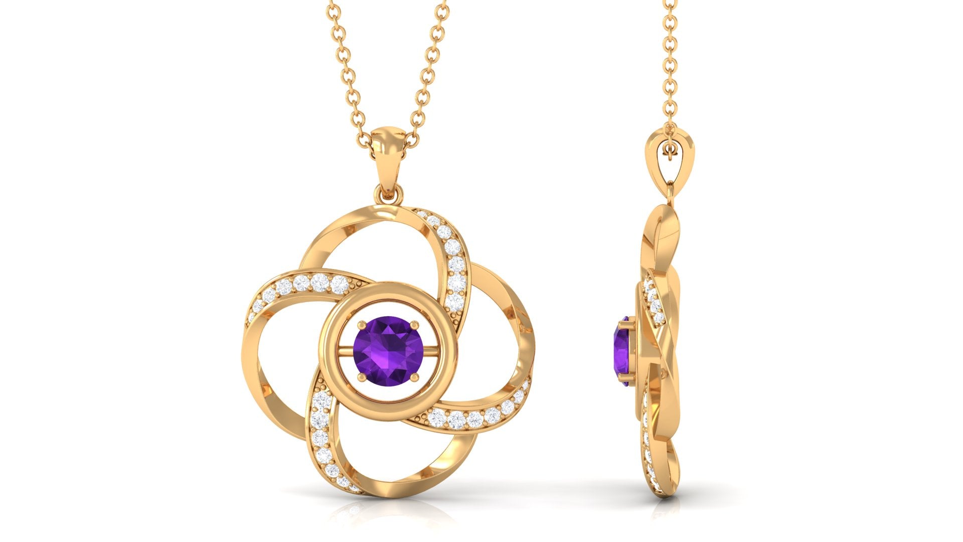 Modern Flower Pendant with Round Amethyst and Diamond Amethyst - ( AAA ) - Quality - Rosec Jewels